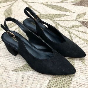 Faux Suede Black Slingback Block Heel Shoes
